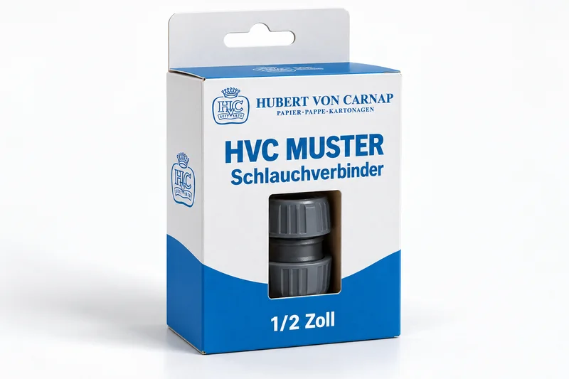 Concept visualisation of a white-and-blue HvC hanging carton for a hose connector with a small open product cutout.