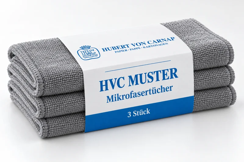 Concept visualisation of a printed HvC paperboard band around three folded grey microfibre cloths.