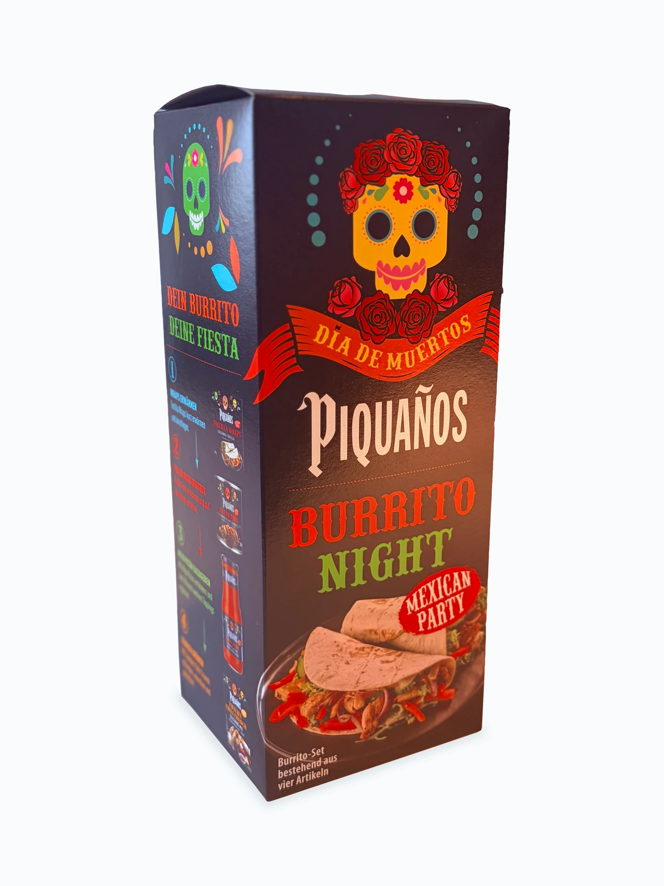 Piquaños Burrito Night Faltschachtel für Feinkost Dittmann, Vorder- und Seitenansicht