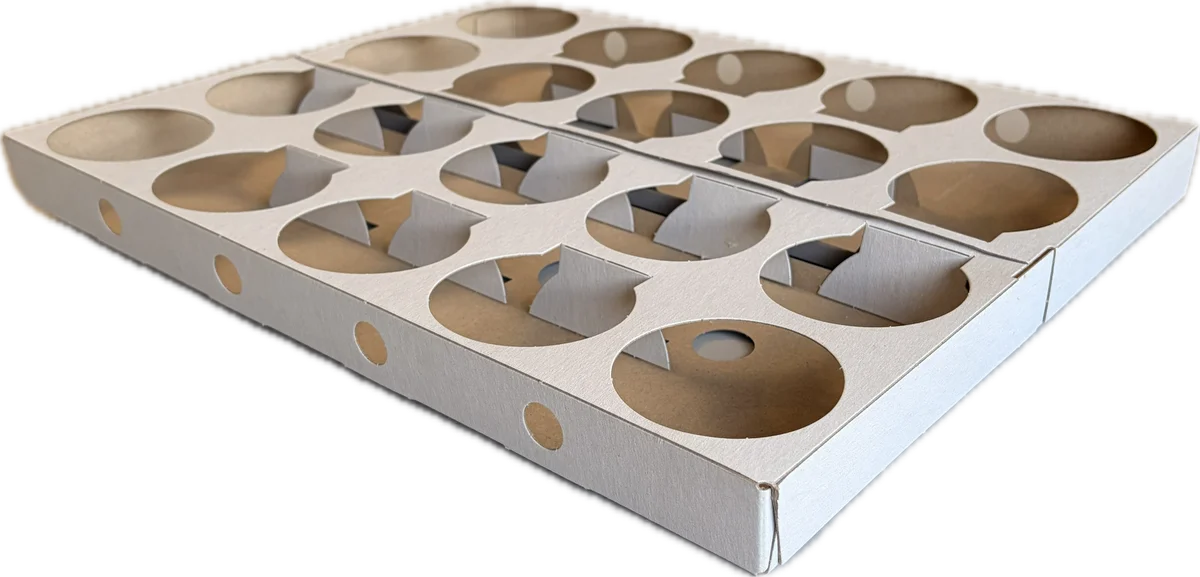Leere weiße Kartonsteige mit runden Halteausschnitten für verpackte Produkte