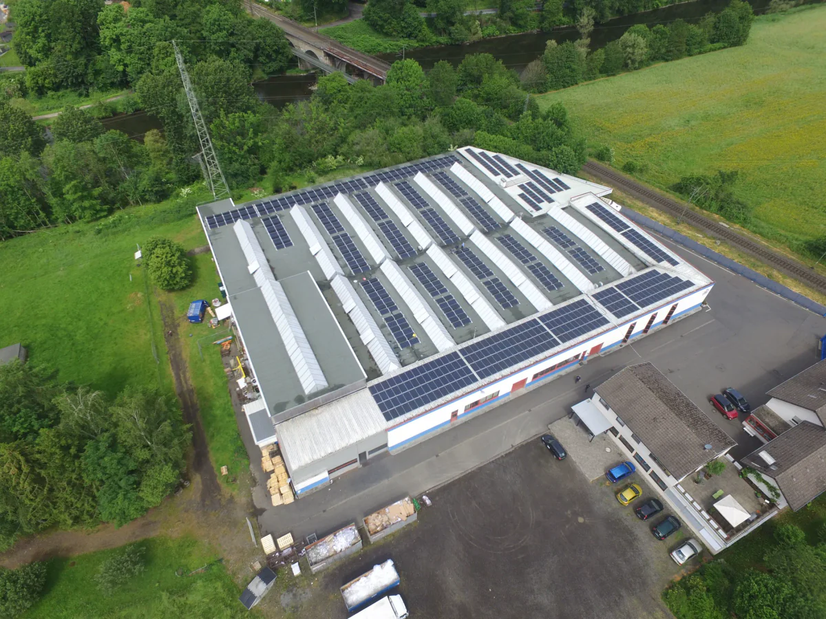 Aerial view of the HvC plant in Windeck with photovoltaic panels