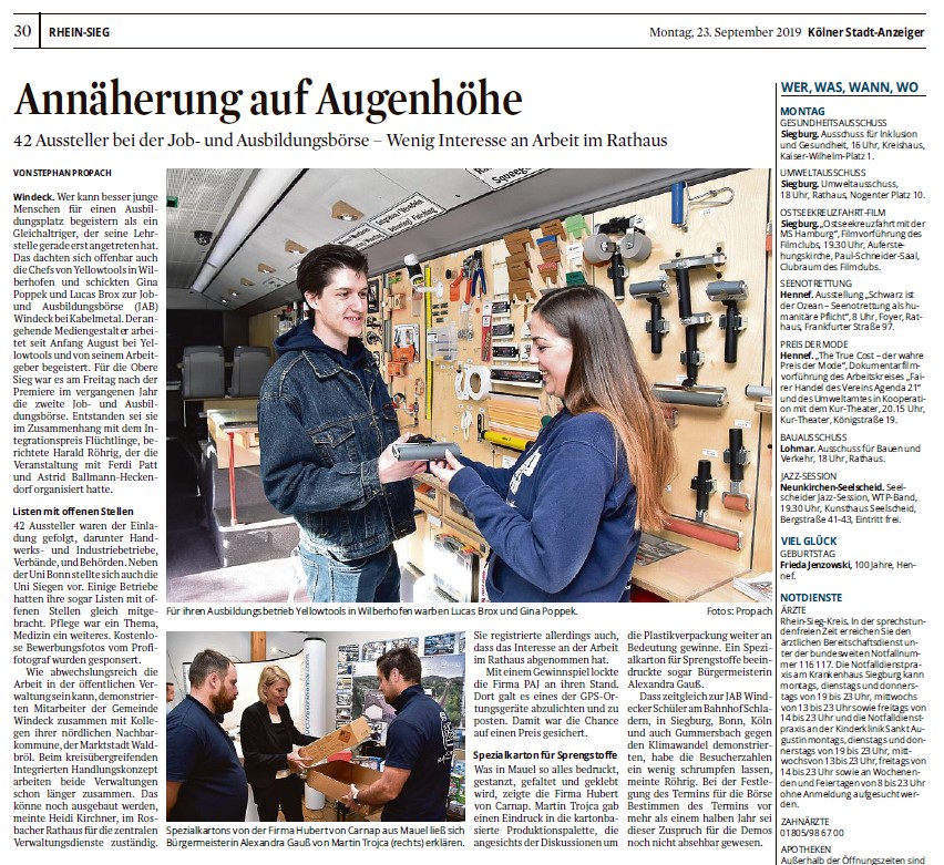 Zeitungsartikel im Köllner Stadtanzeiger zur Job und Ausbildungsbörse 2019 in Windeck